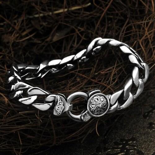 Real 100% 925 sterling silver luck Cuban chain Men Buddhism Six Words Mantra bracelet Prayer Fine Jewelry Xiangyun men Bracelet