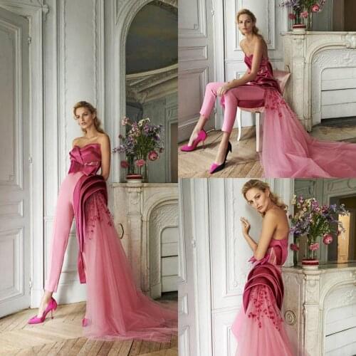 Pink Prom Jumpsuit With Sweetheat Satin Appliques Lace Evening Dresses Custom Made Pants Suit Party Gowns