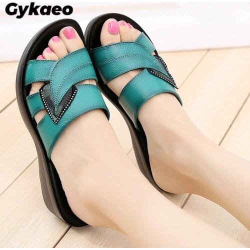 Gykaeo 2020 New Women Slippers Shoes Genuine Leather Casual Slides Women Summer Shoes Retro Solid Mother Shoes Wedges Flip Flops