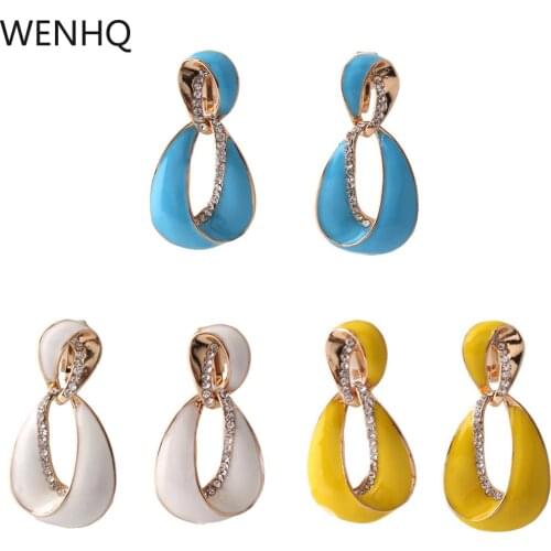 WENHQ European and American Enamel Rhinestone Clip on Earrings Without Piercing Luxury Fashion Gold Color Geometric Cuff Earring