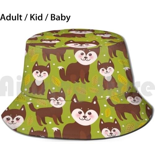 Pattern Funny Brown Husky Dog And Leaves , Kawaii With Large Eyes And Pink Cheeks , Boy And Girl On Green Background. Funny