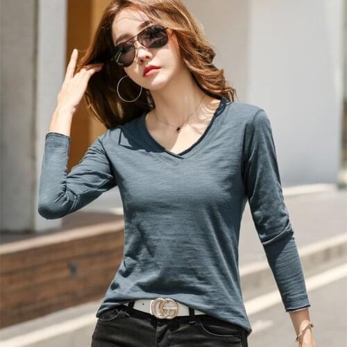 T Shirt Women Cotton Basic V-Neck 2021 Korean Style Woman Clothes Spring Autumn Womens Long Sleeve Tops T-Shirt Tee Shirt Femme