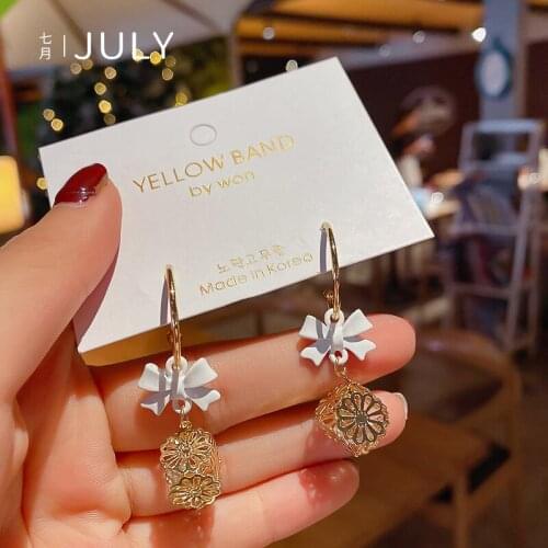 High sense bowknot hollowed-out three-dimensional square earring pendant Korean personality fashion joker earrings female