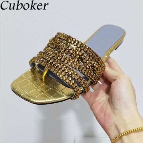 Brand Runway Summer Women Flip Flops Rhinestone Ladies Slides Square Toe Flat With Designer Classic Women Causal Slippers Mujer