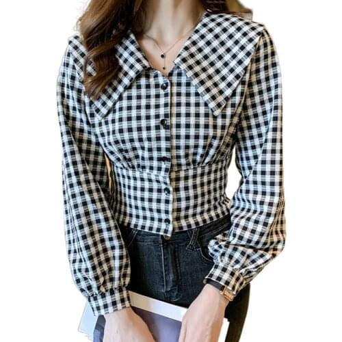 AIYANGA Women Blouses Office Lady Cotton Oversize Vintage Tops Female Plaid Long Sleeve 2021 Spring Autumn Korean Fashion Shirts