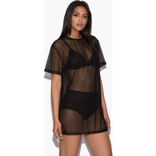 Women Soft Pullover Casual Loose Black Mesh Sheer Beach Bikini Cover Up Ladies Sexy Short Sleeve Mini Dress Summer