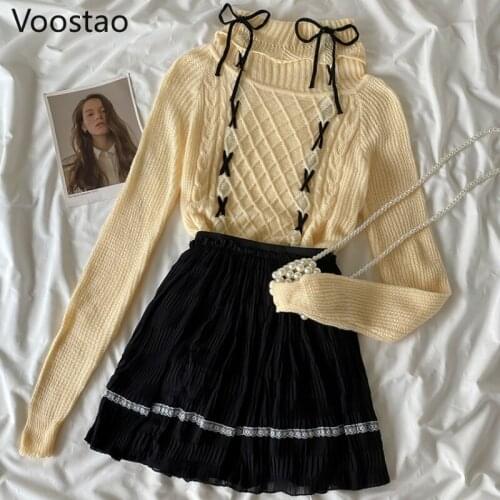 Spring Autumn Korean Sweet Lolita Style Skirt Sets Women Cute Bow Bandage Knitted Sweater Tops Lace Patchwork Mini Skirts Suit