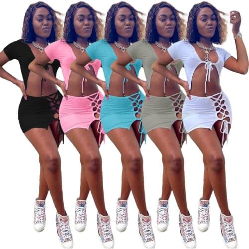 Streetwear Solid Cut Out 2 Two Piece Sets Women Lace Up Crop Top And Drawstring Mini Skirts Sets Female White Bandage Dress Sets