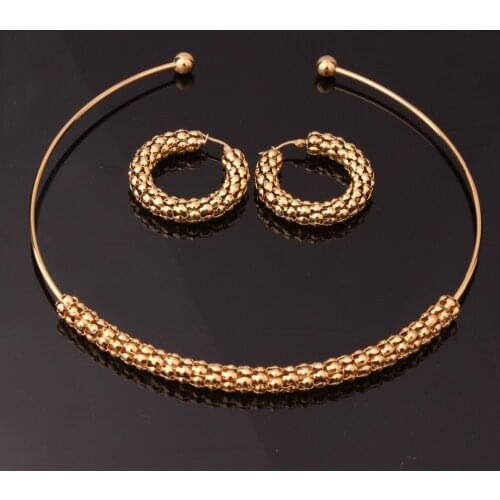 High Quality Trendy Stainless Steel Gold Tone Choker Collar Chain Necklace And Earrings Womens Jewelry Sets Wholesale Xmas Gift