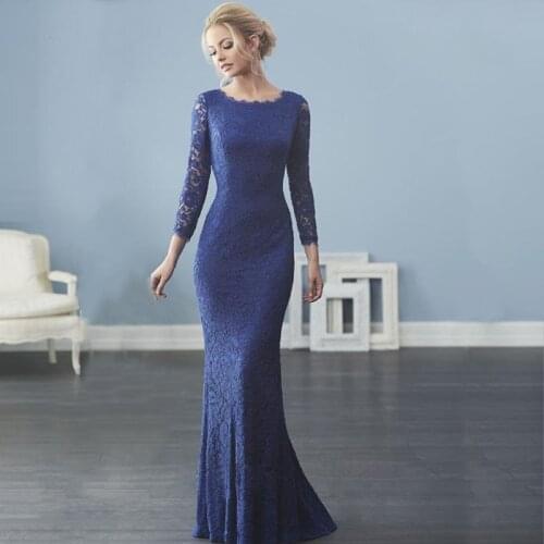 2021 New Gorgeous Lace Mermaid Jewel Neck Mother of the Bride Dresses With Long Sleeve Royal Blue Wedding Guest Gowns Back Out