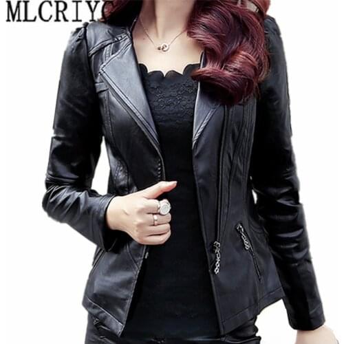 2019 Spring Autumn PU Leather Jacket Women Soft Faux Leather Coat Short Slim Black Motorcycle Jackets Plus Size 5xl 6xl YQ103