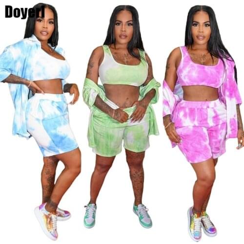3 Piece Set for Women Summer Suit Shirt Blouse + Tank Crop Top + Biker Shorts Women Set Matching Outfits Ladies Tracksuit Sets