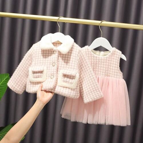 Free shipping 2020 2pcs Fashion Girls Clothing Set Winter Baby Girls Clothes sets girl Plaid Coat+Vest Dress girls suit