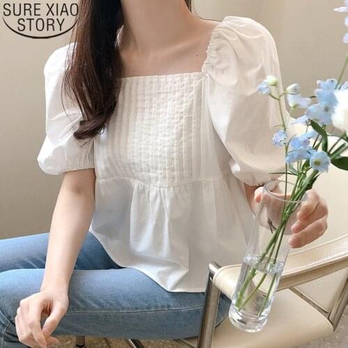 Puff Short Sleeve Blouse Loose Ladies Shirts Korean Style Square Neck 2021 Women Blouses Femme Cotton Summer Women Tops 15091
