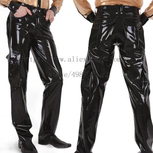 Safari style cargo latex pants mens latex trouser in solid black color
