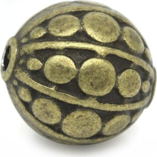 30 PCs Doreen Box Spacer Beads Round Ball Antique Bronze Stripe & Dot Carved Bead For DIY Jewelry Making 10x9mm,Hole: 1.5mm