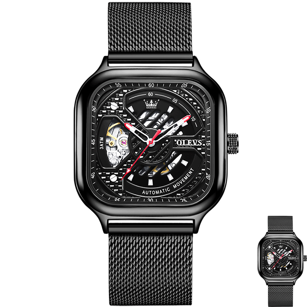 OLEVS Luxury Men Automatic Watch Square Steampunk Mechanical Wristwatch Stainless steel Waterproof Sport Business mens gift