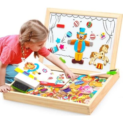 100+Pcs Wooden Magnetic Puzzle Toys Children 3D Puzzle Figure Animals Vehicle Circus Drawing Board 5 Styles Learning Wood Toys