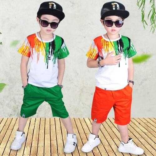 Childrens Sets 2Pcs Hiphop Style Kid Boys soft Short Sleeve T-Shirt Top Elastic Waist Pants Outfit Childrens Clothing 2021