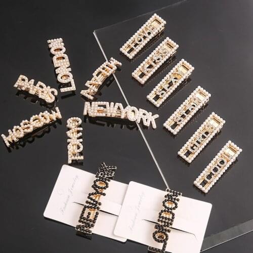 Hot Selling Pearl Crystal City Letter Hair Clip Korean Fashion Women Hair Accessories Metal Gold English Word Hair Clips