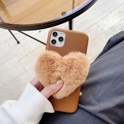 Leather Brown Fluffy Heart Phone Case For Apple iPhone 11 Pro 12 Max 8 Mini Plus 7 6 XS XR Fashion Shockproof Back Cover Fundas