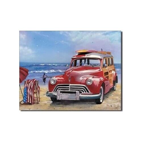 Surf USA Flag Red Car Retro Metal Tin Sign