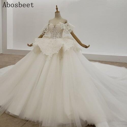 Beaded Lace See Through Top Catchedral Train Ball Gown Wedding Dress 2021 New Off Shoulder Elegant Wedding Gown Lace Up Back