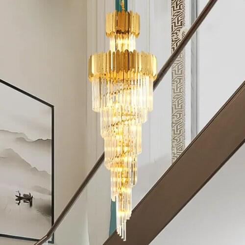 E14 Lamp Gorgeous Villa Living room Lamp Atmospheric Crystal Chandelier Stainless Steel Round Villa Duplex Staircase Lamp