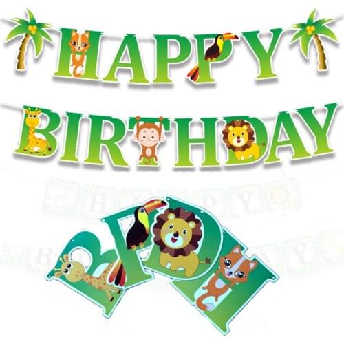 Forest Zoo Animal Themed Happy Birthday Party Banner Jungle Animals Decoration Supplies for Woodland Garland Festival Party