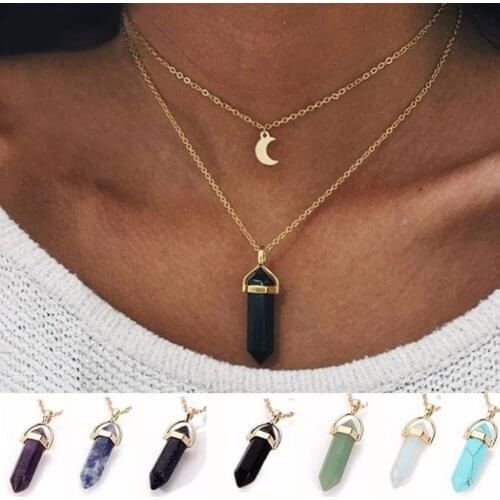 Fashion Charming Necklace Moon Hexagon Pendant Multilayer Stone Clavicle Chain Choker for Women Travel Jewelry Gift