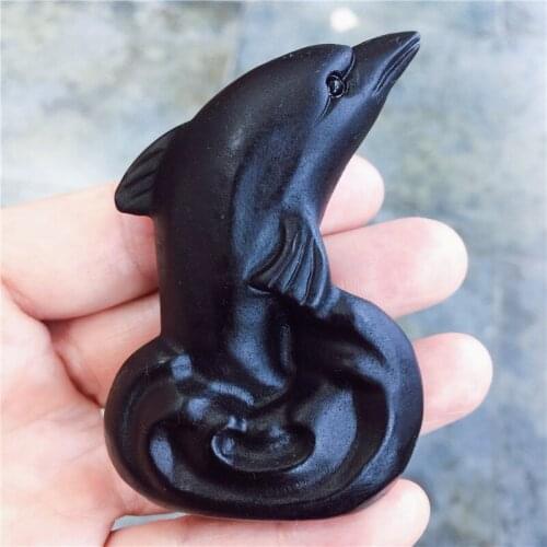 Natural Black Obsidian Crystal Stone Dolphin Hand Carved Animal Figurine Energy Crafts Home Decoration As Gift