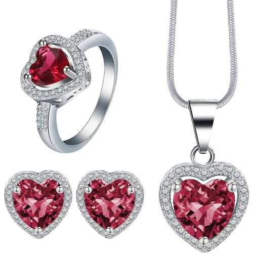 Charm red cz finger jewelry sets for Woman wedding Love Heart bridal gift women necklace earring ring Drop Shipping jewelry