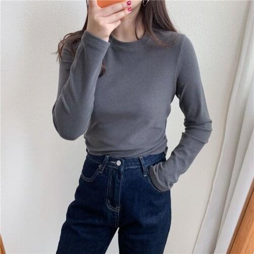 Autumn Winter Warm Long Sleeve T-Shirt Womens Fashion Thickened Inside Top Slim Round Neck Solid Color Base Shirt Tees Clothing
