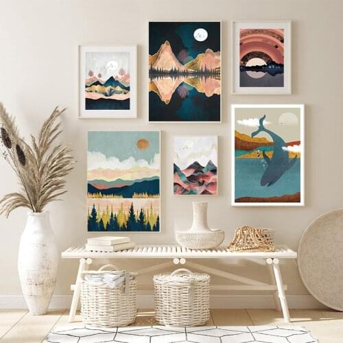 Japanese Style Nostalgic Landscape Sun Moon Mountain Whale Canvas Painting Print Retro Wall Art Picture Living Room Decor Poster