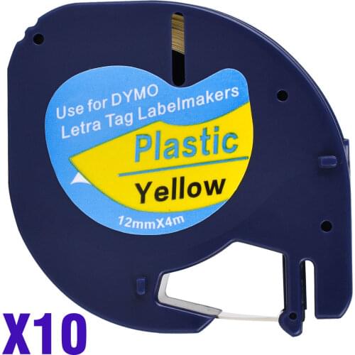 10 Compatible Dymo LetraTag 91202 Black on Yellow 12mm x 4m Plastic Label Tapes for LT-100H, LT-100T, LT-110T, QX 50, XR, XM