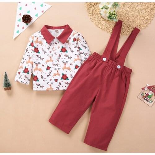 Christmas theme childrens suit Lapel long sleeve elk T-shirt suspender pants suit suitable for 12-month-old boy- 4-year-old boy