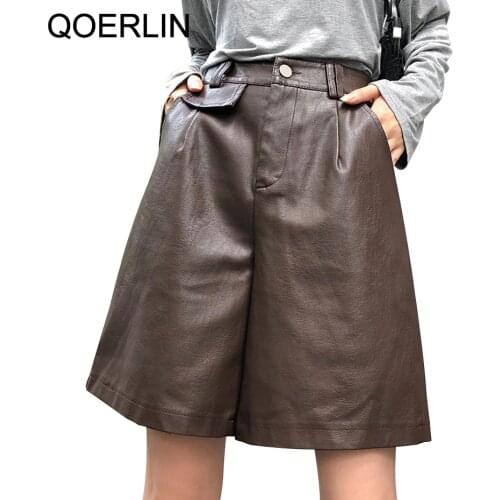 QoerliN 2020 New PU Leather Shorts High Waisted Bermuda Shorts Faux Leather Loose Shorts Loose Casual Street Wear Bicycle Shorts