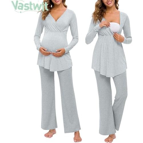 Maternity Nursing Sleepwear Breastfeeding Nightwear for Pregnant Pregnancy Breast Feeding T-shirt Tops Pants Pajamas Lounge Suit