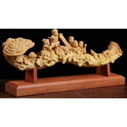 29cm Five Boys statue Ruyi Ganoderma Feng Shui Wood Carving Home Decoration Solid Wood Sculpture Craft Chinese Gift Collection