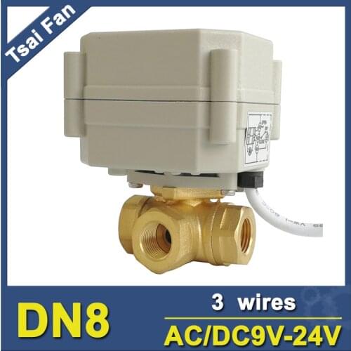 TF8-BH3-A 9V 12V 24V 3 Wires T/L Type 3 Way Horizontal Motorized Ball Valve Brass 1/4'' DN8 For Water Heating/Cooling