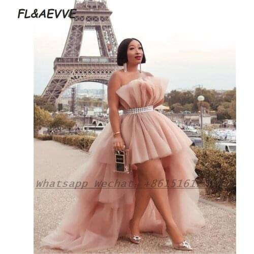 Peach Hi-Low Evening Dress 2021 Strapless Tulle Sweep Court Floor Length Formal Evening Gown for Women
