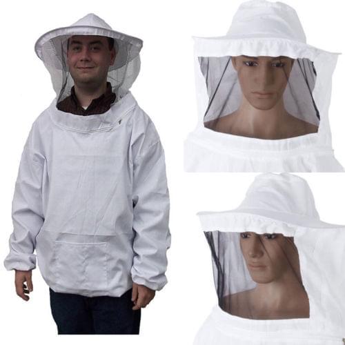 Protective Bee Mosquito Fly Insect Keeping Jacket Veil Smock Equipment Beekeeping Hat & Full Sleeve Suit Garden White