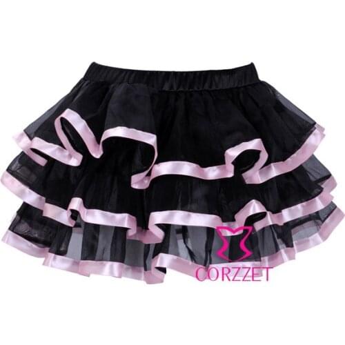 Pink Ribbon Trim Black Organza Women Pettiskirts Ball Gown Sexy Micro Skirt Plus Size Petticoat Skirts M XL XXL Matching Corset