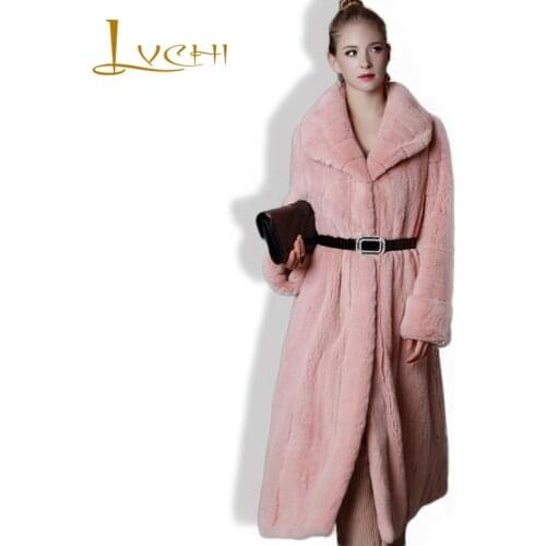 LVCHI Women tunic Elegant Genuine Leather Outerwear Winter Thick Warm Fashion Maxi Fur Pink X-Long Custom Mink Fur Coats