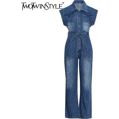 TWOTWINSTYLE Denim Loose Wide Leg Pants For Women Lapel Collar Sleeveless High Waist Casual Jumpsuits Female 2021 New Clothing