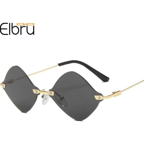 Elbru Diamond Rimless Sunglasses Classsic Gold Frame Sungshades Vintage Fashion Ocean Color Lens Spectacles For Men And Women