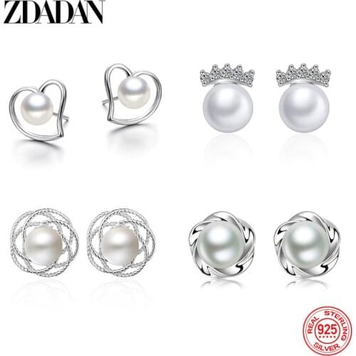 ZDADAN 925 Sterling Silver Charm Geometric Pearl CZ Stud Earrings For Women Fashion Engagement Jewelry Party Gift Wholesale
