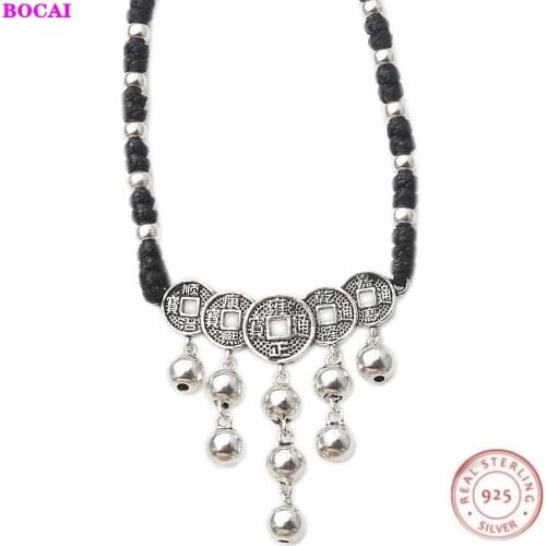 BOCAI S925 Sterling Silver necklace five coins tassel womens wax rope personality knitting Thai silver Necklace