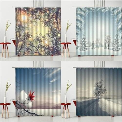 Winter Scenery Waterproof Shower Curtain Tree Botany Road Accumulated Snow Printing Pattern Bathtub Decoration