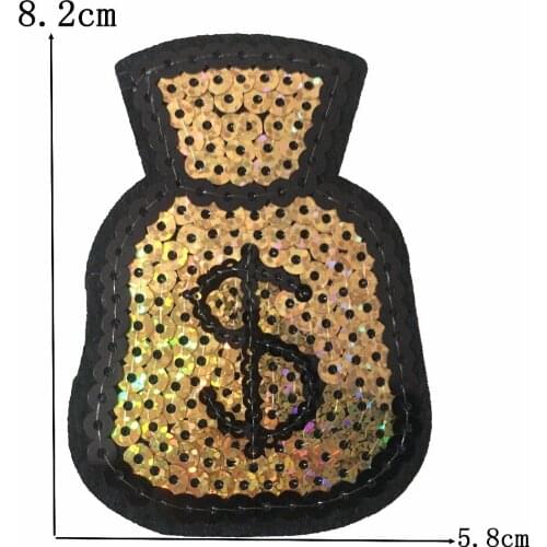 10 Pieces/lot New Arrival Money Bag Patches Iron on Sequined Patches Clothes Decorated Accessory DIY Applique Dollar Bag Sticker